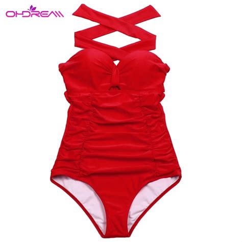 Ohdream Swimsuit Women 2018 New Red Beachwear Bandages Solid Underwire With Pads Swimsuit Push