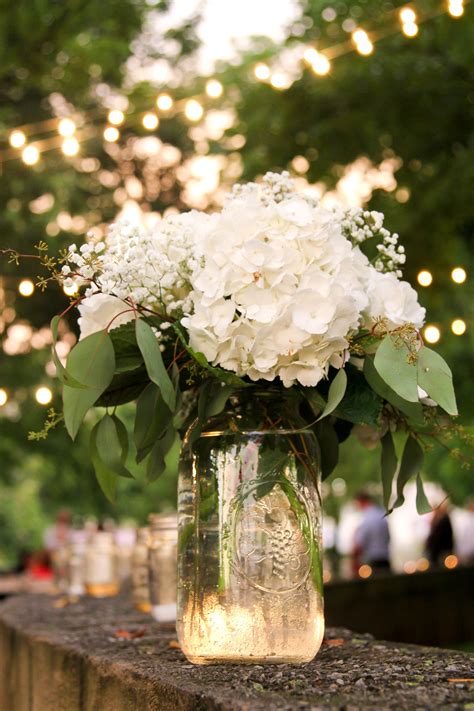 Simple Mason Jars With White Hydrangeas Hydrangea Centerpiece Mason Jar