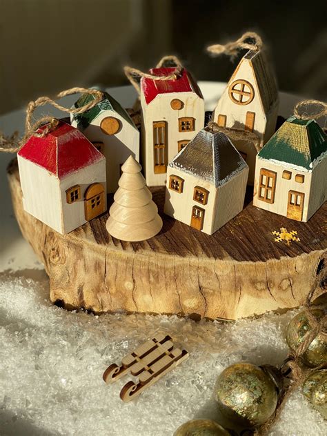 Set Of 6 Wooden Christmas Ornament Houses Craft Kit Handpainted