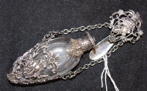 Pierced Continental Silver Chatelaine Perfume Bottle With Cut Glass