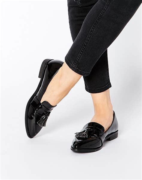 Lyst Daisy Street Black Patent Tassel Flat Loafer Shoes In Black