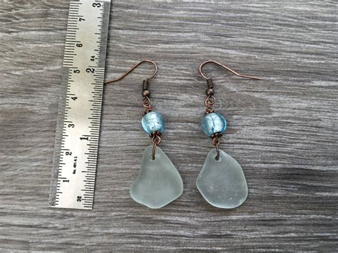 Sea Glass Earrings With Blue Glass Bead Unusual Gift Beach Glass