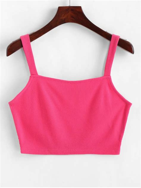 Zaful Ribbed Solid Crop Tank Top Hot Pink M Diy Summer Clothes