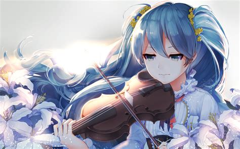 Hatsune Miku Vocaloid Violin Flowers Anime Anime Girl Wallpaper