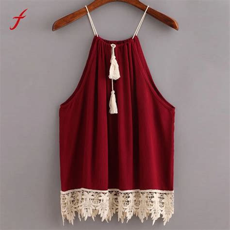 Feitong Women Lace Crop Tops Boho Summer Style Sexy Trimmed Tasselled Drawstring Tank Tops