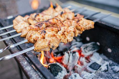 Juicy Slices Of Meat With Sauce Prepare On Fire Shish Kebab Bbq