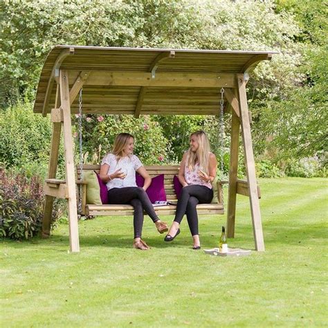 Wooden Garden Swing Seat Natural Wood Color Canopy Steel Chain Outdoor