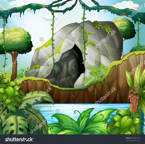 Scene Cave Deep Forest Illustration Stock Vector Royalty Free