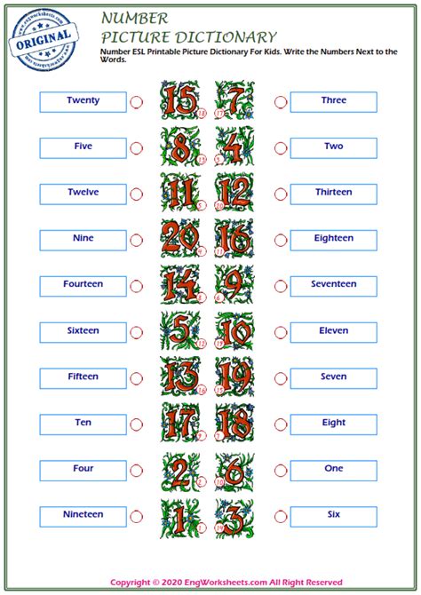 Number Printable English Esl Vocabulary Worksheets 1 Engworksheets