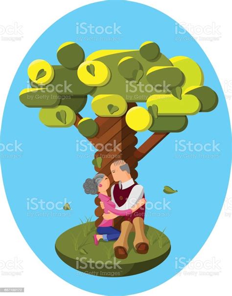 Romantic Old Couple Sitting And Hugging Under A Tree Stock Illustration Download Image Now