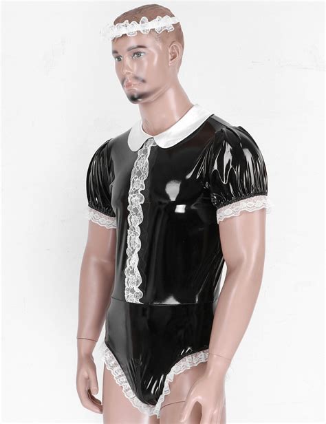 Halloween French Maid Cosplay Costume Mens Sissy Dress Wet Look Servant