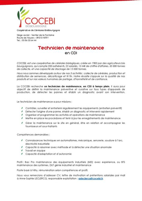 EMPLOI Technicien de maintenance H/F - COCEBI