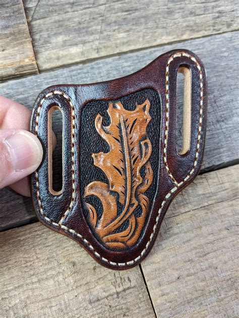 Tooled Leather Knife Sheath With Western Oak Leaf Design For Trapper