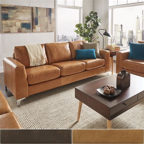 Leather sofa styled with colorful accents. Bastian Aniline Leather Sofa by iNSPIRE Q Modern | Best ...