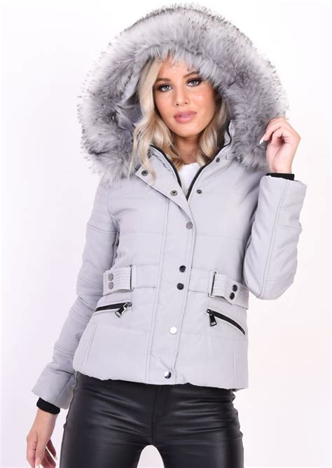 Quilted Faux Fur Hooded Belted Puffer Coat Grey Grey Puffer Coat Puffer Coat Fur Hood Coat
