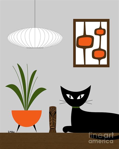 Mid Century Cat With Pods On Gray Digital Art By Donna Mibus Fine Art