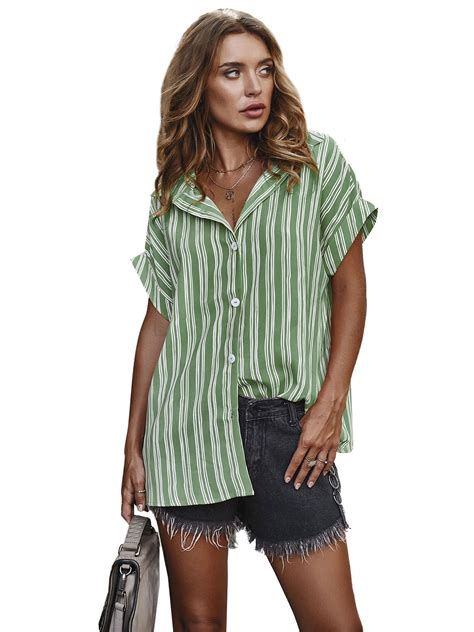 Vintage button up t shirt for men women ulzzang korean style tshirt cardigan clothes harajuku tee tops casual summer clothing. HiMONE - Women's Stripes Button Down Shirts Roll-up Sleeve ...