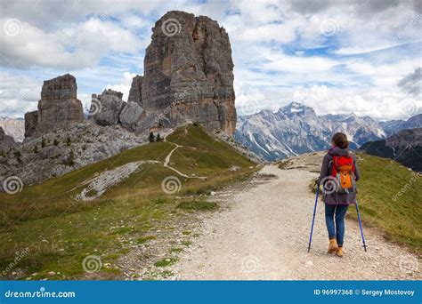 Tourist Girl At The Dolomites Stock Photo Image Of Dolomites