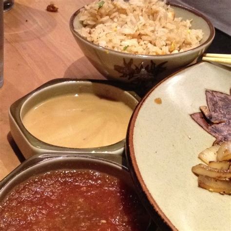 Hibachi chicken benihana fried rice. Benihana ginger sauce (delicious), wasabi sauce (meh), and ...