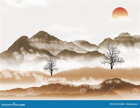 3d Chinese Landscape Mural Art Wallpaper Black Trees And Brown