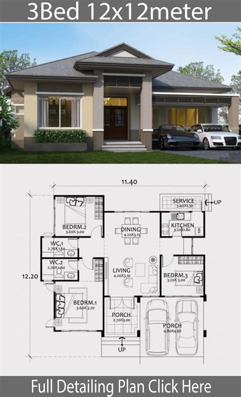 Home Design Plan 12x12m With 3 Bedrooms Bungalow Style