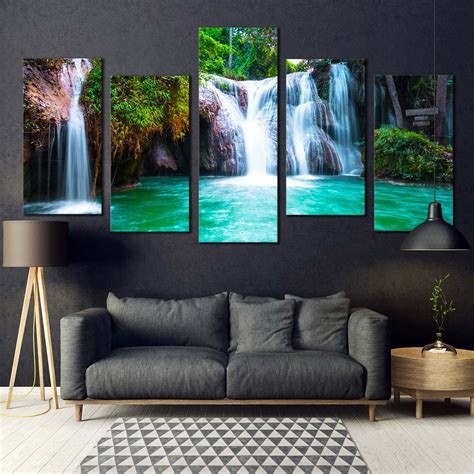 Waterfall Scene Canvas Wall Art, Beautiful White Waterfall Scenery 5 P