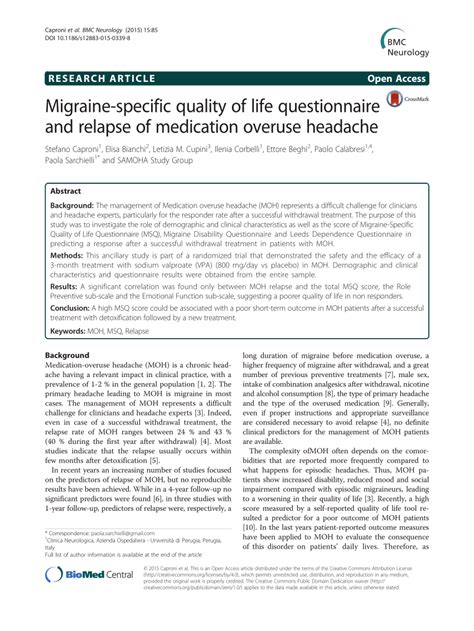 Pdf Migraine Specific Quality Of Life Questionnaire And Relapse Of