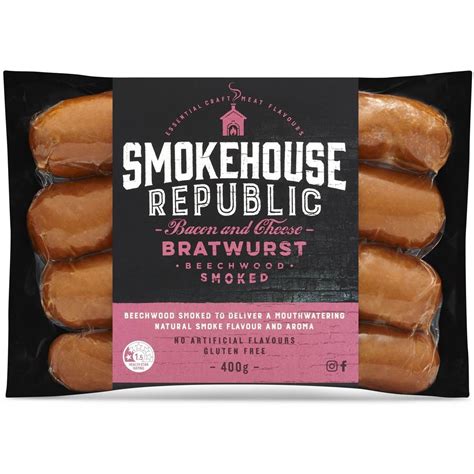 Smokehouse Republic Bacon And Cheese Bratwurst Sausages 400g Woolworths