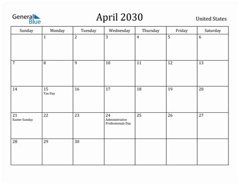 April 2030 Monthly Calendar With United States Holidays
