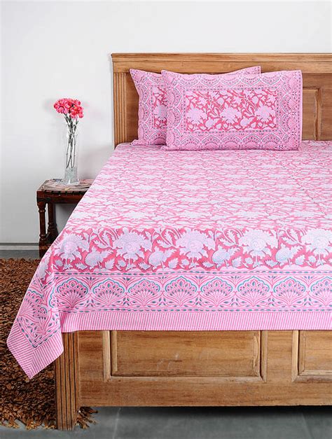 Buy Pink Multicolor Handblock Printed Cotton Double Bedcover With