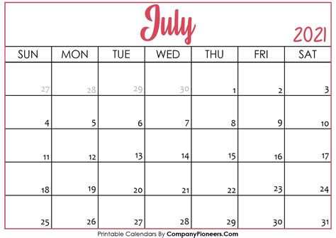 July 2021 Calendar Printable - Printable 2020 Calendars July 2021 Calendar