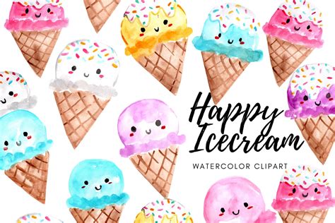 Cute Watercolor Happy Ice Cream Clipart Illustrations Design Bundles