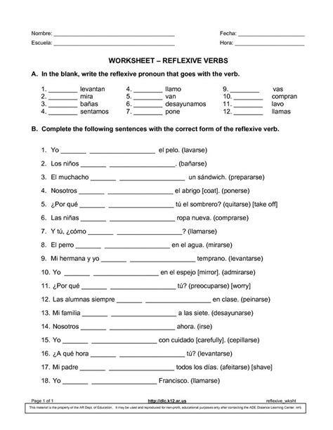 Free Printable French Reflexive Verbs Worksheet