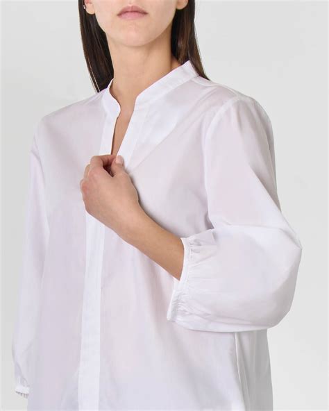 Camicia Bianca In Popelin Di Cotone Con Colletto Alla Coreana E Maniche