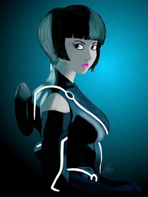 A Digital Painting Of A Woman In Black And White With Neon Lights On