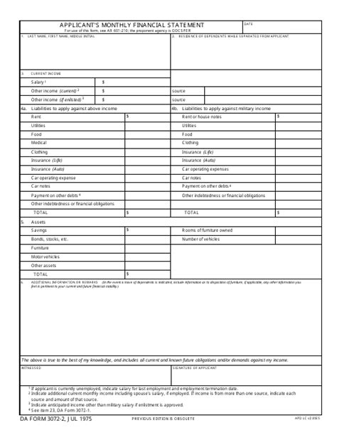 Da Form 3072 2 Download Fillable Pdf Applicants Monthly Financial