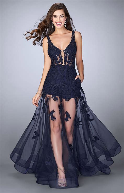 La Femme 24172 Lace Romper Dress With Sheer Skirt Prom Dress