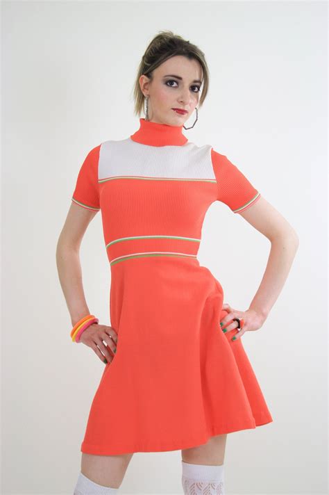 Vintage 60s Hippie Neon Orange Mod Mini Dress