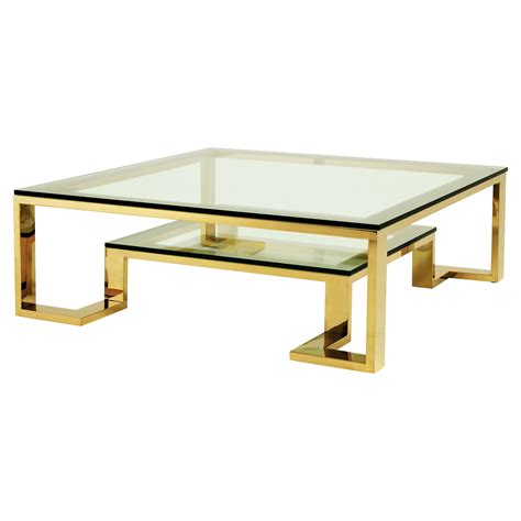 Eichholtz Huntington Hollywood Regency Glass Top 2 Tier Gold Square Coffee Table Geometric