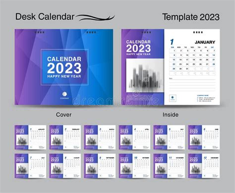 Desk Calendar 2023 Template Set And Blue Cover Design Set Of 12 Months