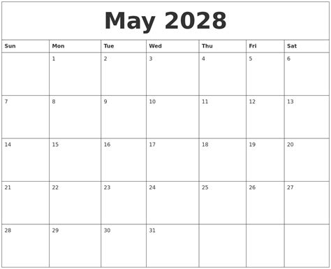 May 2028 Free Blank Calendar Template