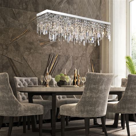 Rectangular Crystal Chandelier With Linear Design Dining Room