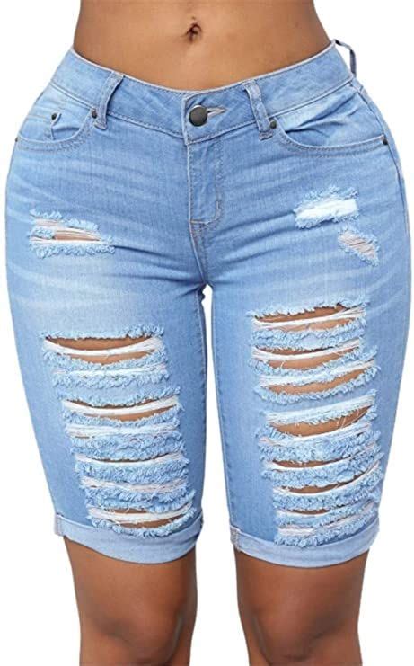 Feeson Womens Summer Turn Up Cuffs Above Knee Length Destroyed Ribbed