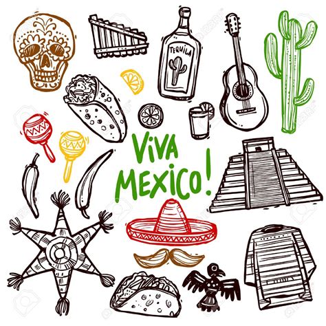 Mexico Doodle Icons Set With Hand Drawn Food And Culture Symbols