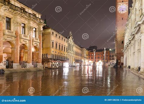 Vicenza City By Night And The Main Square After The Rain Stock Photo