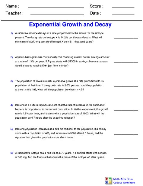 Exponential Growth Decay Worksheet