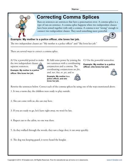 Correcting Comma Splices Punctuation Worksheets