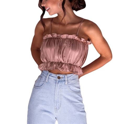Yuqung Faux Silk Satin Ruffle Bralette Crop Top Short Camis Summer Sexy Pink Strappy Cami