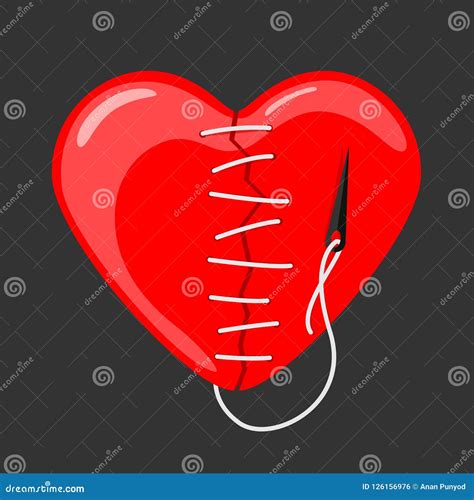Red Heart Broken Sewn With Needle And Thread Vector Design Stock Vector