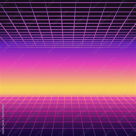 Retro 80s Futuristic Design Neon Sunset Background With Laser Grids